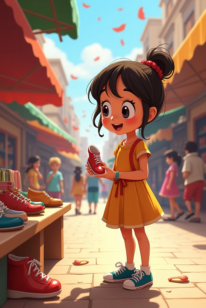 Girl buying shoes at the public market (cartoon)