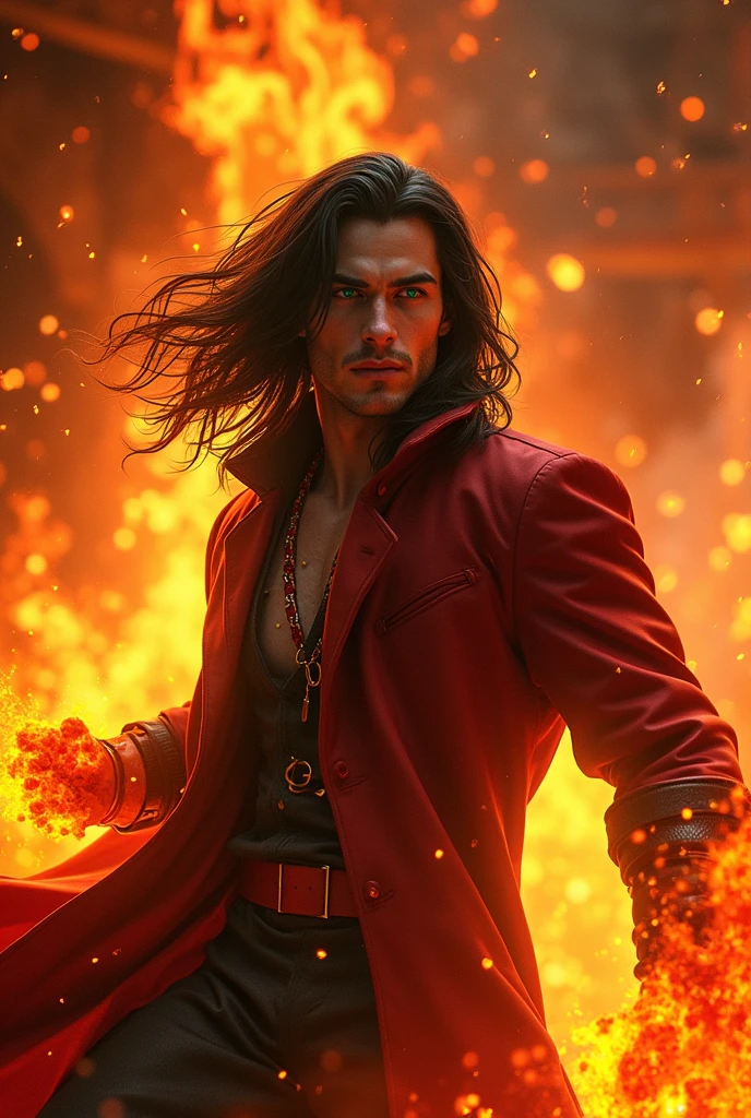 image ultra realistic; young man between 2, strong physical build, hair long black, Caucasian skin, greeneyes, hole in the chin, “Chad” face , Red and black coat, and using liquid lava powers, the back of a place with a bar and tables on fire