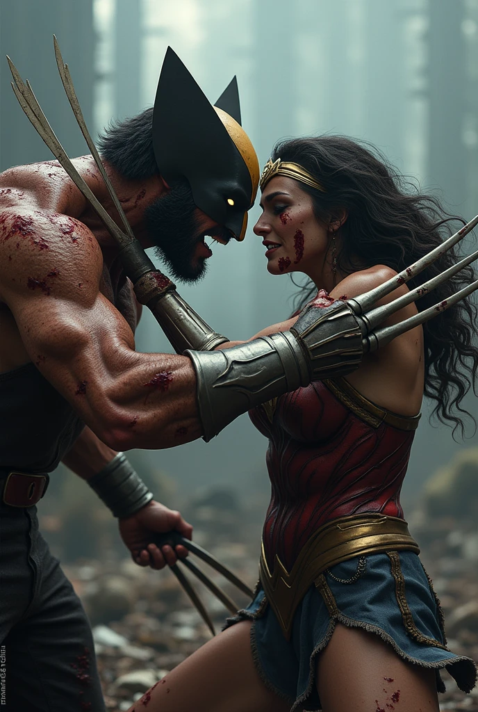 "Create an ultra-high-quality, realistic close-up scene of a zombie-like Wolverine brutally overpowering a zombified Wonder Woman in a violent, apocalyptic battle. Wolverine, now with decaying flesh and glowing, lifeless eyes, slashes through Wonder Woman's rotting armor with his bloodied claws. Wonder Woman, also zombified with torn, decayed skin and hollow eyes, struggles in vain against the onslaught. The battlefield is a nightmarish landscape filled with the remains of fallen heroes, shrouded in dark, eerie mist. Emphasize the grotesque details of their zombified forms-exposed bones, torn flesh, and bloodied wounds-with dramatic lighting casting deep shadows, highlighting the horror and brutality of the scene."