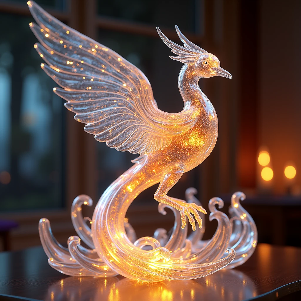 a beautiful glass phoenix, delicate glass sculpture, intricate glass art, exquisite glass bird, ethereal glass creature, (iridescent glass phoenix:2.0), shimmering glass wings, translucent iridescent glass feathers, reflective glass body, glass phoenix statue, highly detailed glass phoenix, photorealistic glass phoenix, (best quality,8k,highres,masterpiece:1.2),ultra-detailed,(realistic,photorealistic,photo-realistic:1.37),cinematic lighting, dramatic shadows, warm color palette, dynamic composition, intricate glass textures, seamless glass reflections