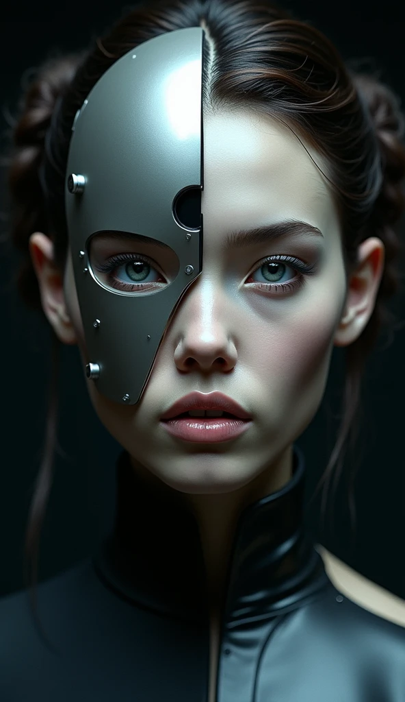 Stylized portrait，Front view，Half of his face was rendered smooth, Metal, and futuristic style, The other half is still organic and human., Symbolizes the duality of technology and humanity.，masterpiece, best quality, (Extremely detailed CG unity 8k wallpaper), (best quality), (Best Illustration), (Best shadow), absurd, Realistic lighting, (abyss), Beautiful and delicate light, Artworks by Peter Mohr Bacher,，masterpiece, Best quality