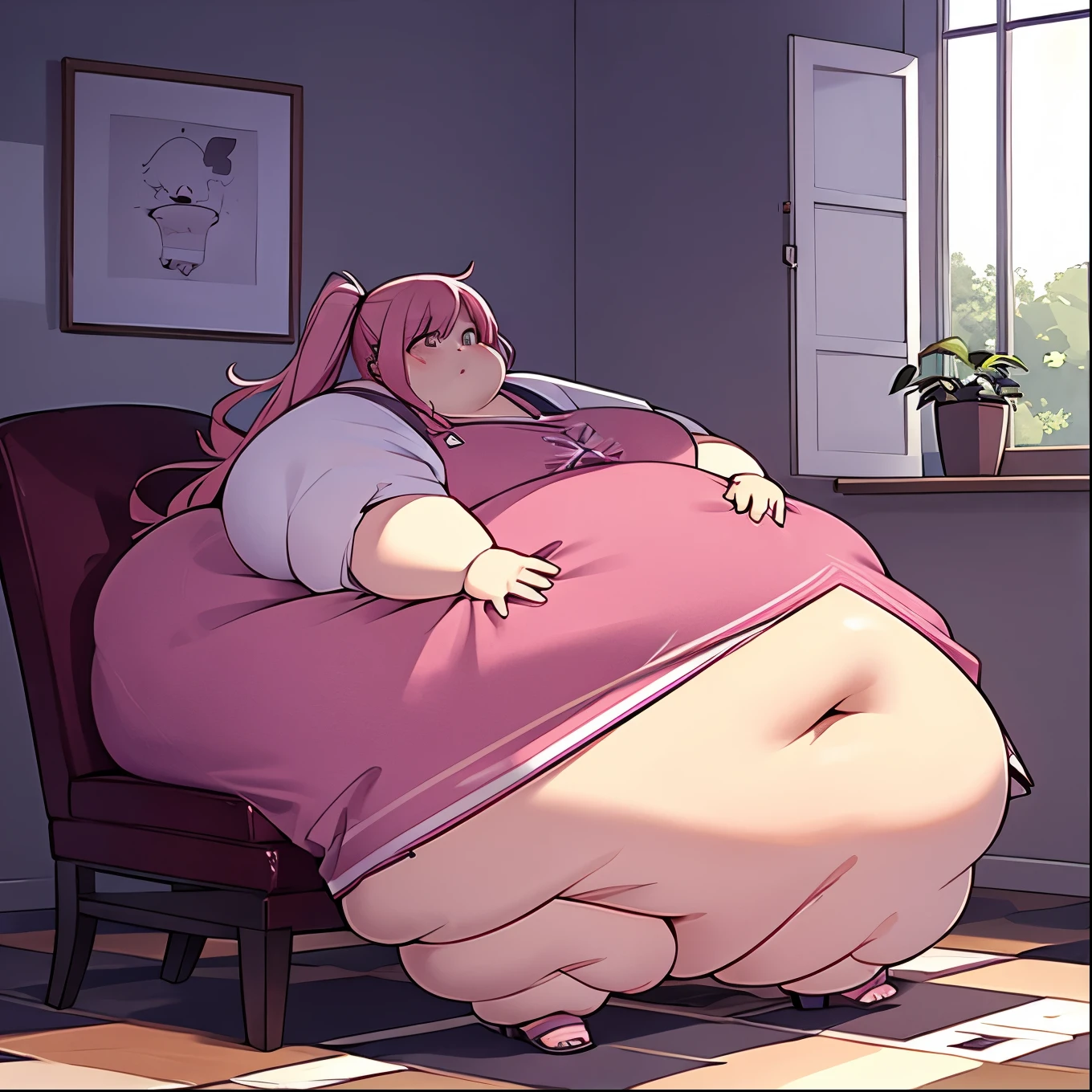 Extremely obese woman, wearing a loose pink dress, fat blob, far rolls, immobilized by her weight, very long wavy neon pink hair, a big belly, saggy belly, gluttony, hanging belly, sitting on a chair