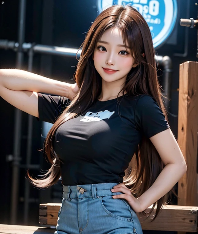 Masterpiece, high detailed, realistic, ultra realistic, ((hyper realistic)), woman with long hair, brown hair color, ((black t shirt / blue short pant)), smile, 16k,