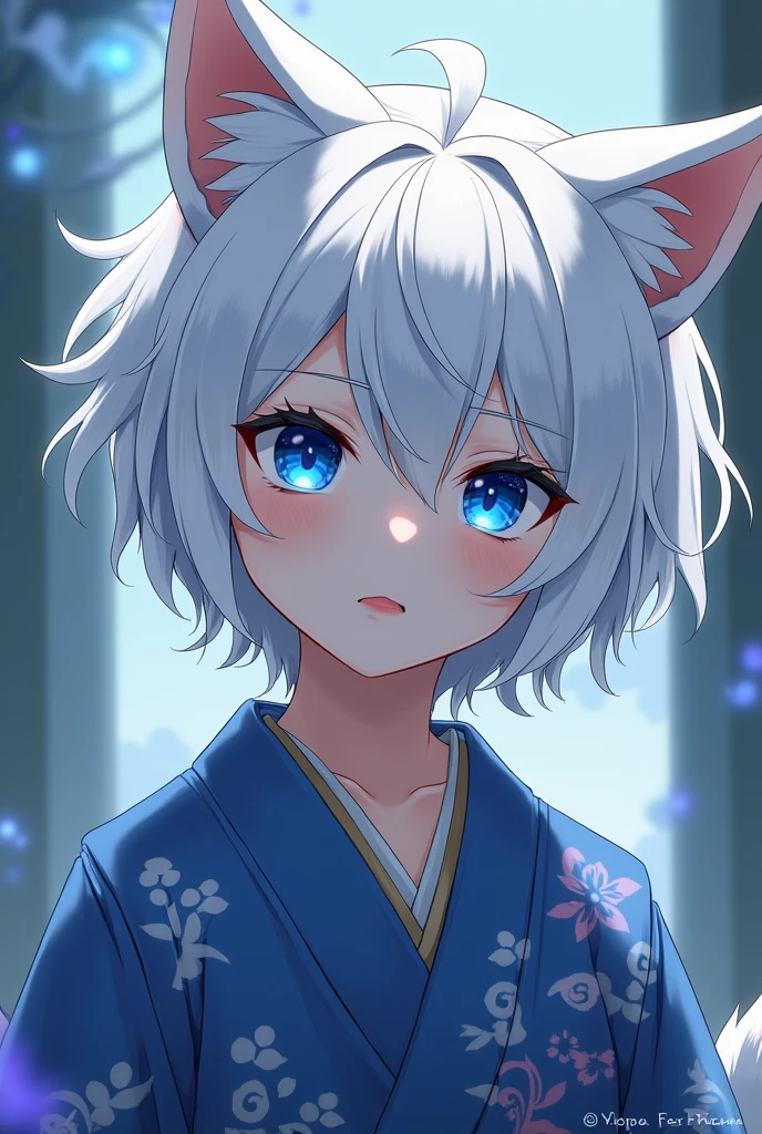 In anime style、Wearing a kimono。my hair is white、Blue eyes、1 person、Wolf personification、male、child、short hair。male児、Sharp eyes