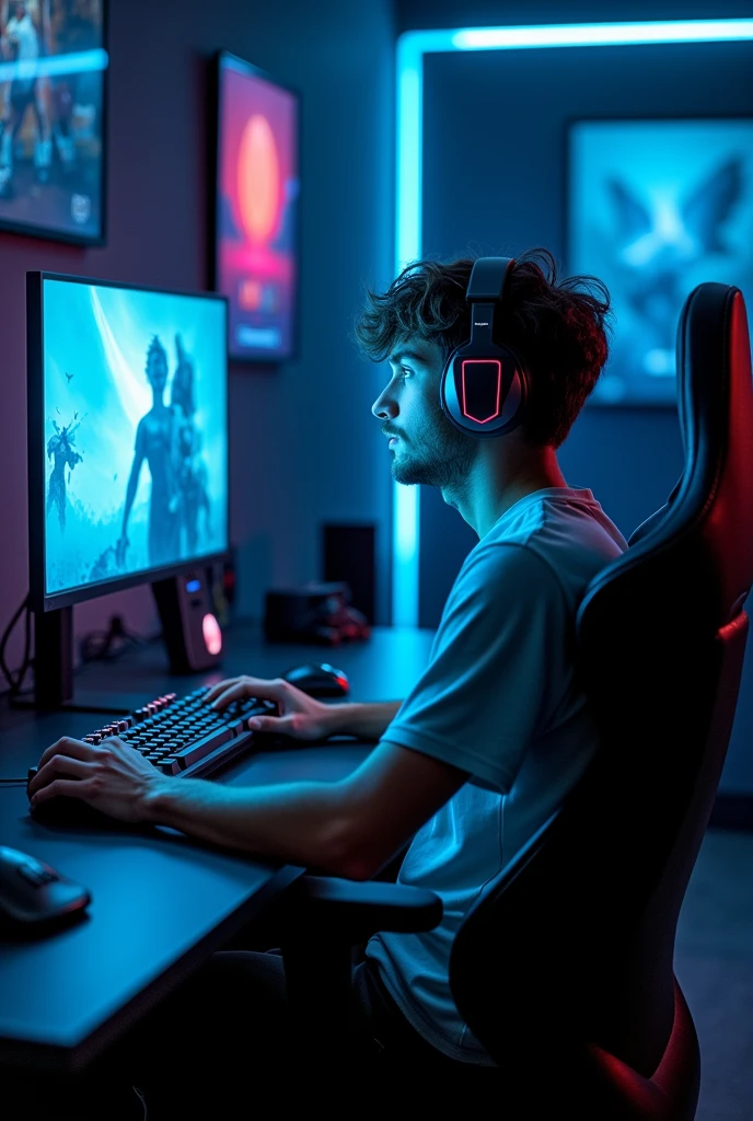 "A 2 young man is seated in front of a glowing screen in a dark, immersive gaming room. The space is softly illuminated by blue LED lights that accentuate the advanced gaming setup on his desk, filled with cutting-edge equipment. The young man, sitting in a sleek gaming chair, is intensely focused on the bright screen, with its light casting a vivid reflection on his face. The room is meticulously detailed, featuring vibrant game posters on the walls, high-tech peripherals like a mechanical keyboard, gaming mouse, and a top-tier headset. The decor exudes a futuristic vibe, creating an engaging, almost cinematic atmosphere. The scene is captured from the perspective of a face-cam, highlighting the concentration and intensity of the gamer, drawing the viewer into the immersive experience of the moment