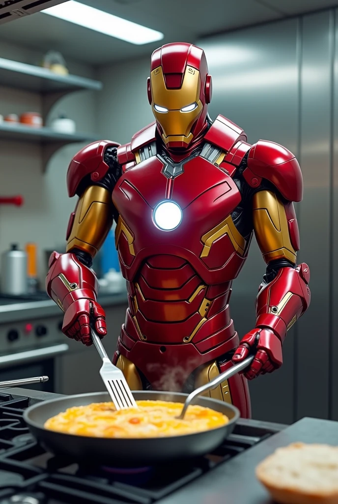 Ironman cooking omlet in kitchen