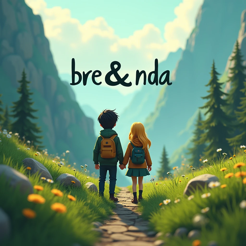 an artistic text written "BRE & NDA" above couple in outdoor, black hair male, blonde hair female, jacket and backpack, green mountainous theme, 3d cartoon, fantasy art, masterpiece, high definition, extreme detail, cinematic lighting, 4K