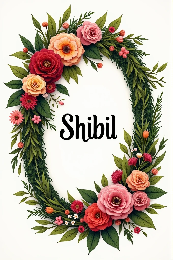 A design oval shaped design of thickly placed flowers and leaves on the name "shibil" 