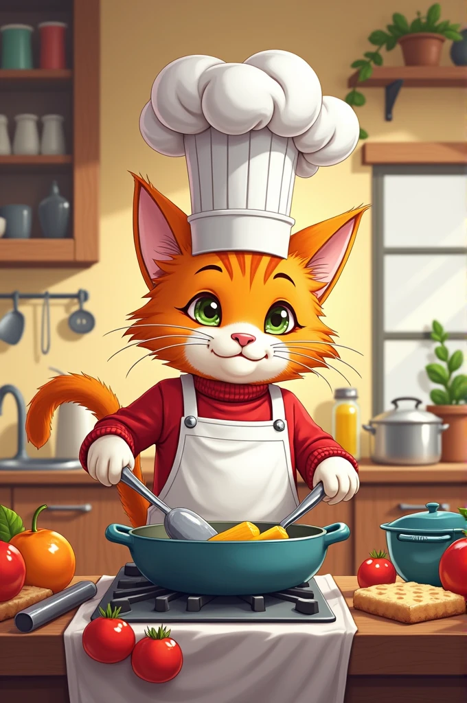 Cartoon of a cat dressed as a chef and cooking 