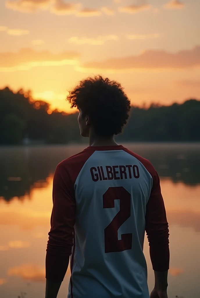Better quality photography ((masterpiece))
A 20-year-old young man with his back turned is looking at a lake, The young man is facing away and on his back is the name Gilberto with the number 2 below his long-sleeved soccer shirt. He has slightly long, curly black hair., It&#39;s already getting dark Epic reality 