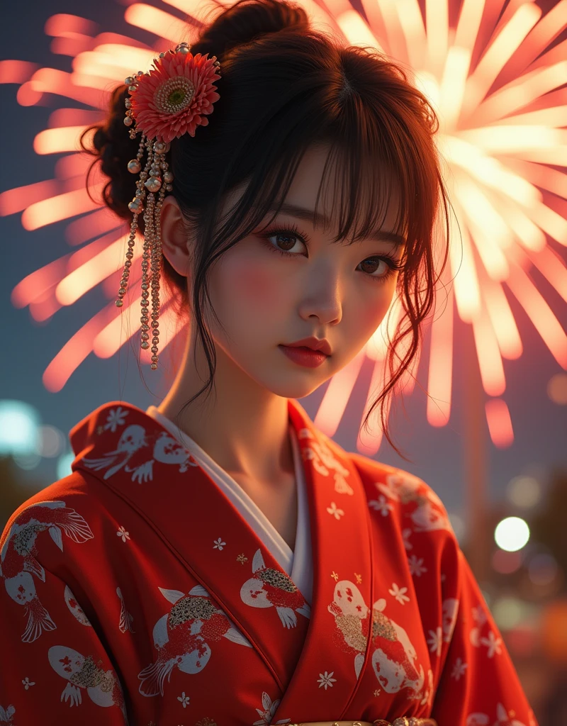 ((masterpiece, highest quality, super definition, high definition)), solo, beautiful girl, shining eyes, perfect eyes, beautiful sister of Japan, yukata with a picture of a red goldfish, fluttering breasts, cleavage, no bra, fireworks in the background,