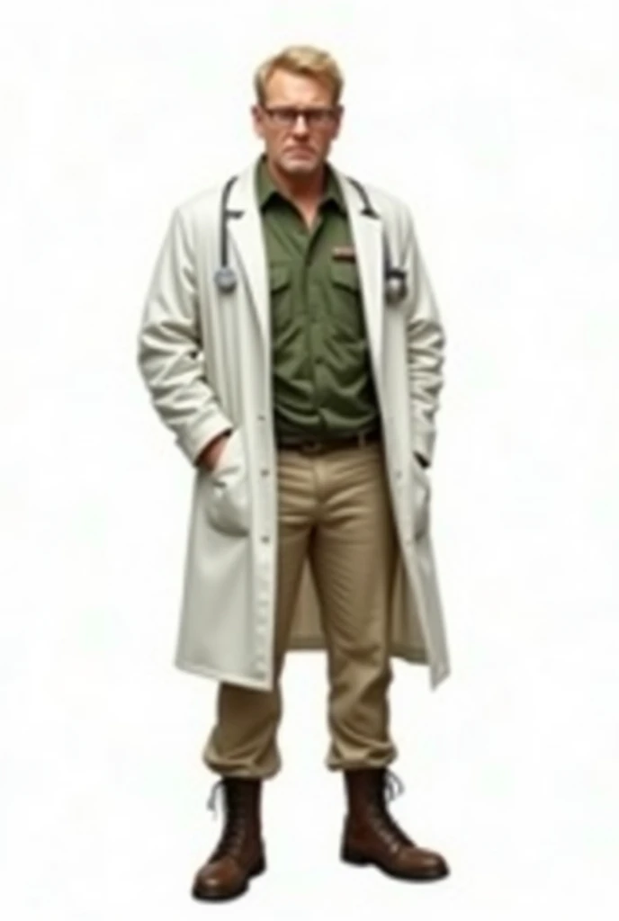 a drawing, bright coloured, A single man, 3, Cao Cao, 1,90 tall, Seriously, very dark blonde american hair, Eyeglasses, army doctor clothes, big white coat, green camouflage shirt, Beige pants, shoes, apocalypse style, white background, fully body