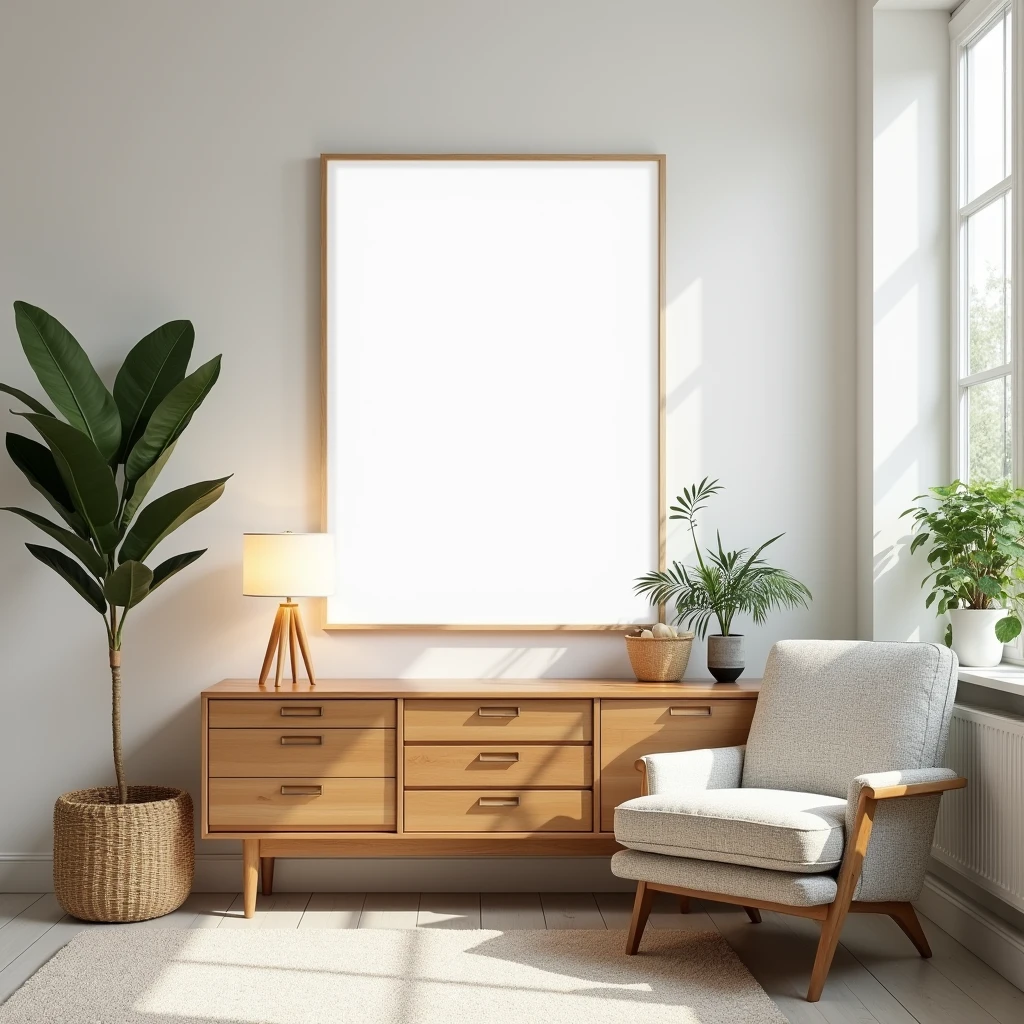 A bright and modern living room with mid-century design elements. The room features a wooden sideboard with a geometric lamp on top and a comfortable, textured armchair beside it. Above the sideboard, a large, blank white canvas framed in a DIN A-sized light wood frame is prominently displayed on the wall. The space is filled with natural light from a large window, with plants adding a touch of greenery to the clean, minimalist aesthetic. The overall vibe is cozy and inviting, perfect for a serene and stylish interior