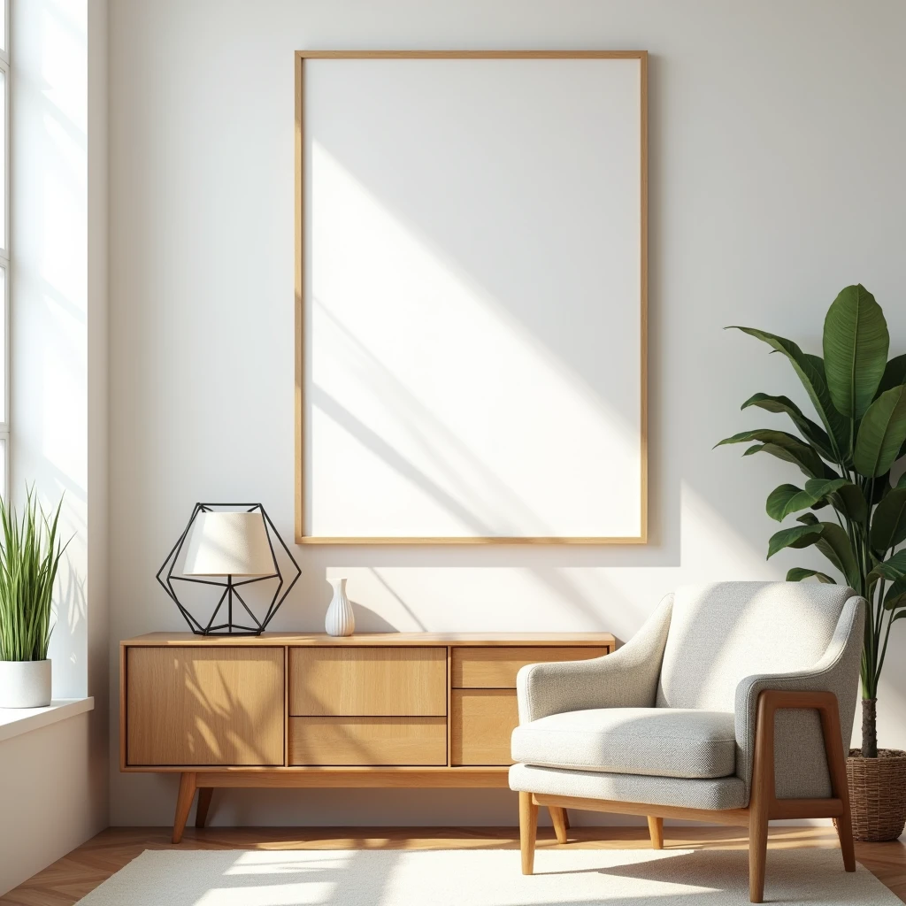 A bright and modern living room with mid-century design elements. The room features a wooden sideboard with a geometric lamp on top and a comfortable, textured armchair beside it. Above the sideboard, a large, blank white canvas framed in a DIN A-sized light wood frame is prominently displayed on the wall. The space is filled with natural light from a large window, with plants adding a touch of greenery to the clean, minimalist aesthetic. The overall vibe is cozy and inviting, perfect for a serene and stylish interior