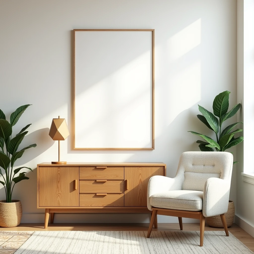 A bright and modern living room with mid-century design elements. The room features a wooden sideboard with a geometric lamp on top and a comfortable, textured armchair beside it. Above the sideboard, a large, blank white canvas framed in a DIN A-sized light wood frame is prominently displayed on the wall. The space is filled with natural light from a large window, with plants adding a touch of greenery to the clean, minimalist aesthetic. The overall vibe is cozy and inviting, perfect for a serene and stylish interior