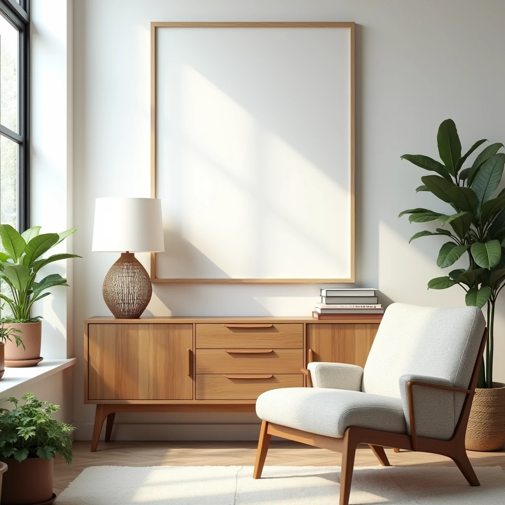 A bright and modern living room with mid-century design elements. The room features a wooden sideboard with a geometric lamp on top and a comfortable, textured armchair beside it. Above the sideboard, a large, blank white canvas framed in a DIN A-sized light wood frame is prominently displayed on the wall. The space is filled with natural light from a large window, with plants adding a touch of greenery to the clean, minimalist aesthetic. The overall vibe is cozy and inviting, perfect for a serene and stylish interior