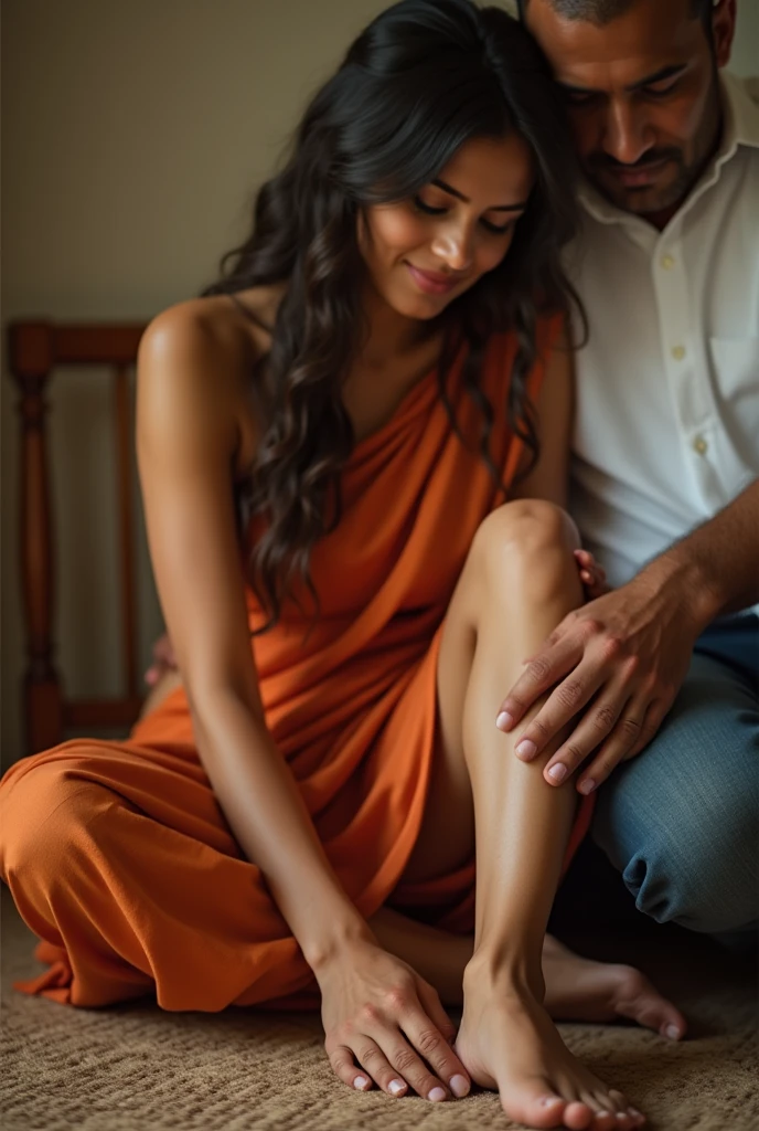 Beautiful Woman sitting in saree letting a man lick her soles - make the feet look real - man eat it