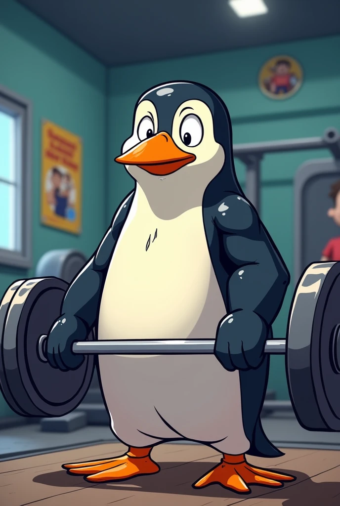 Skipper, cartoon, Doing intense exercise in a weightlifting gym