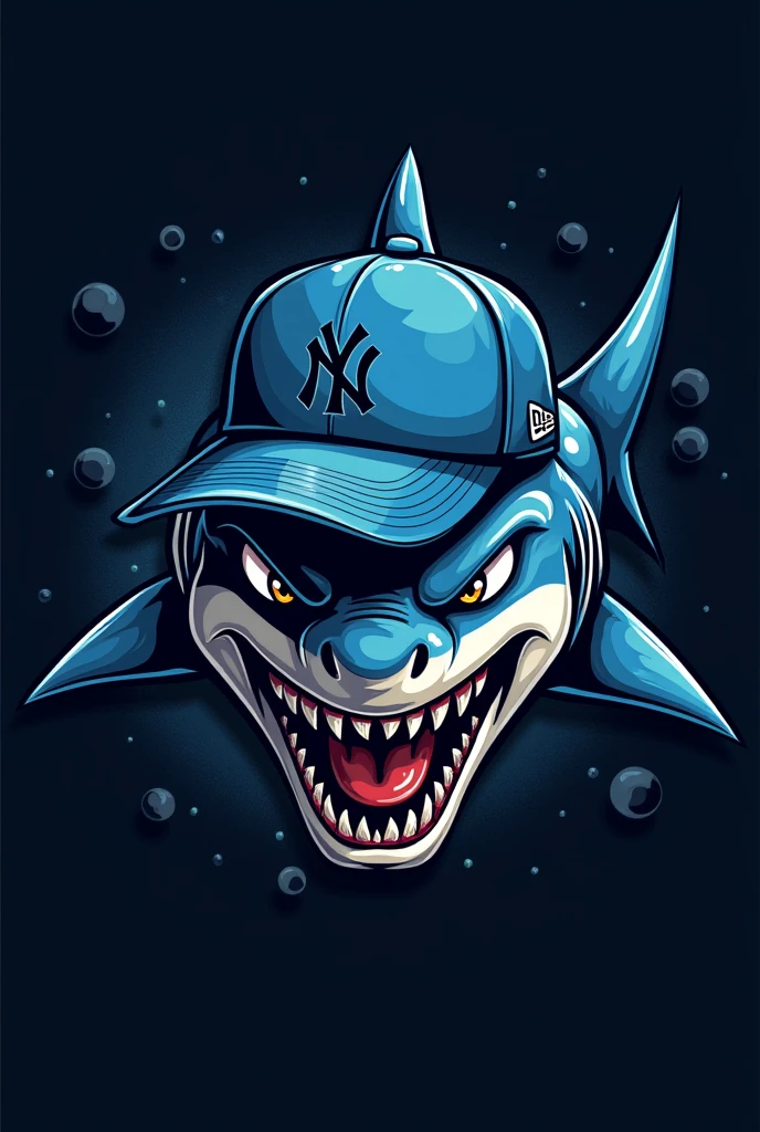 Aggressive shark logo with blue New Era cap
