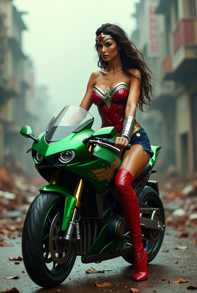(((In extreme close-up, a beautiful woman riding a high-powered futuristic motorcycle))),(((Cali Green and Yellow Wonder Woman Scale One Piece Suit (((Suit that covers your entire body))),(((Wonder Woman red corset over jumpsuit ))),(((Black hair gathered in a braided ponytail))),((((Hair six feet long blowing in the wind)))Silver metal diaema with a red star on its forehead Long silver bracelets Long red boots above its knees Blood around it (((cursed cemetery))),(((Bloody and terrifying images of a high-displacement red motorcycle with Wonder Woman logos))),(((rogue x-men))) marvel universe