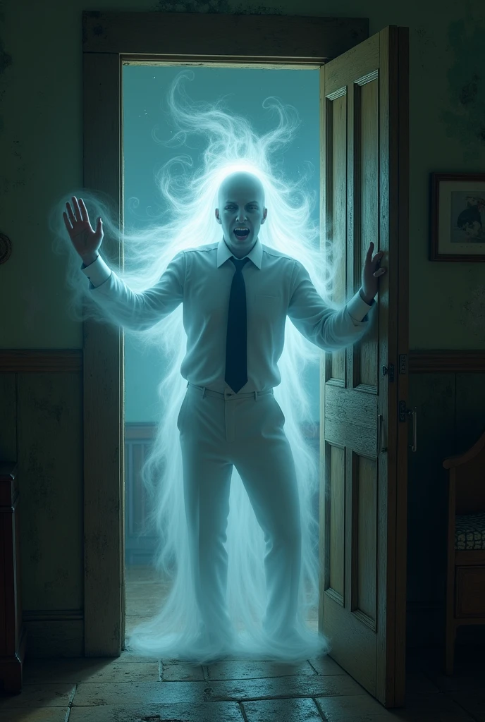 I want to create a ghost in white trousers and white pant with blue tie in old  hostel room smashing the door trying to enter the room