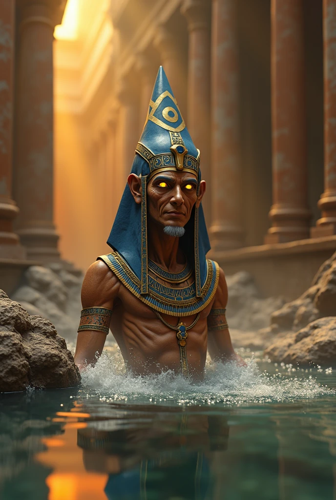 Generate a close-up portrait of Atum, the primordial deity, focusing on his intense gaze and wise, aged features. His face is deeply lined with the wisdom of eternity, his eyes glowing with the light of the sun. He wears the khepresh (blue war crown) of the pharaohs, adorned with gold and lapis lazuli, and his skin has a golden bronze hue. The background is a gradient of deep reds and purples, symbolizing the transition from chaos to order. Use masterpiece, best quality, CG, wallpaper, HDR, high quality, ultra detailed face, cinematic, high detail, 8k, raw, high, artstation HQ, unreal engine, octane renderer, 4k resolution, hyperrealistic, highly detailed, and absurdres settings
