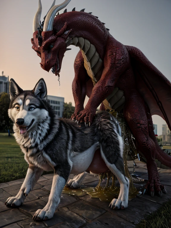  side view , duo, feral dragon, puffy anus, hyper canine penis, peeing, watersports, ((((feral husky stomach bulge, standing, hands on husky butt, doggystyle, husky on dragon, feral, anal)))), looking back at viewer, blue eyes, open mouth, tongue out, brown collar, outside, city park, noon, rim lighting,