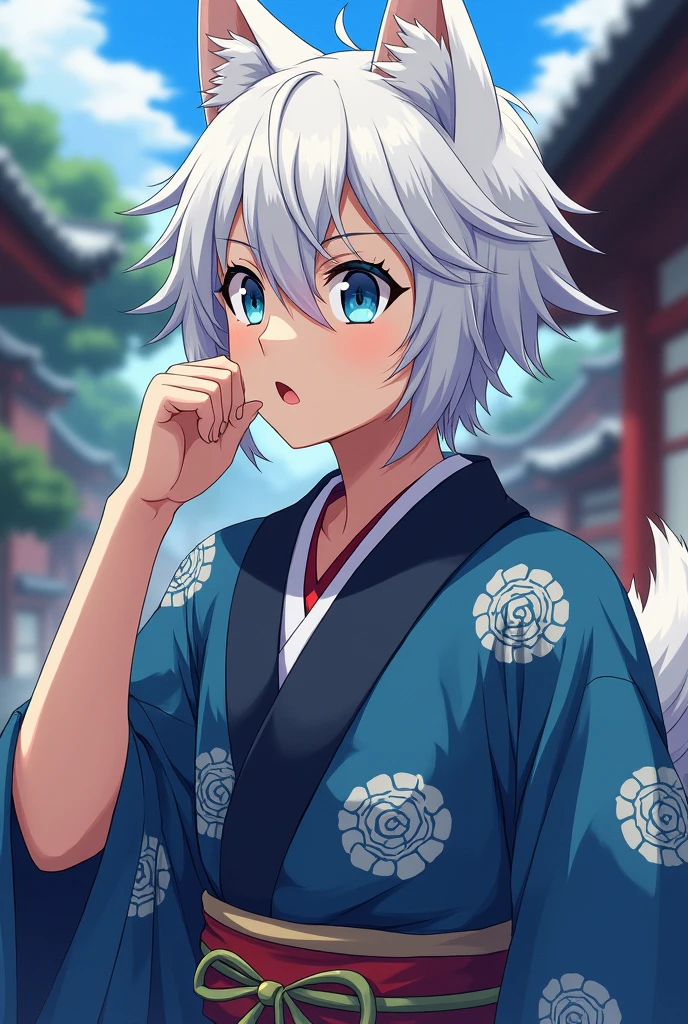 In anime style、Wearing a kimono。my hair is white、Blue eyes、1 person、Wolf personification、male、、short hair。male児、Sharp eyes、Energetic and bullish