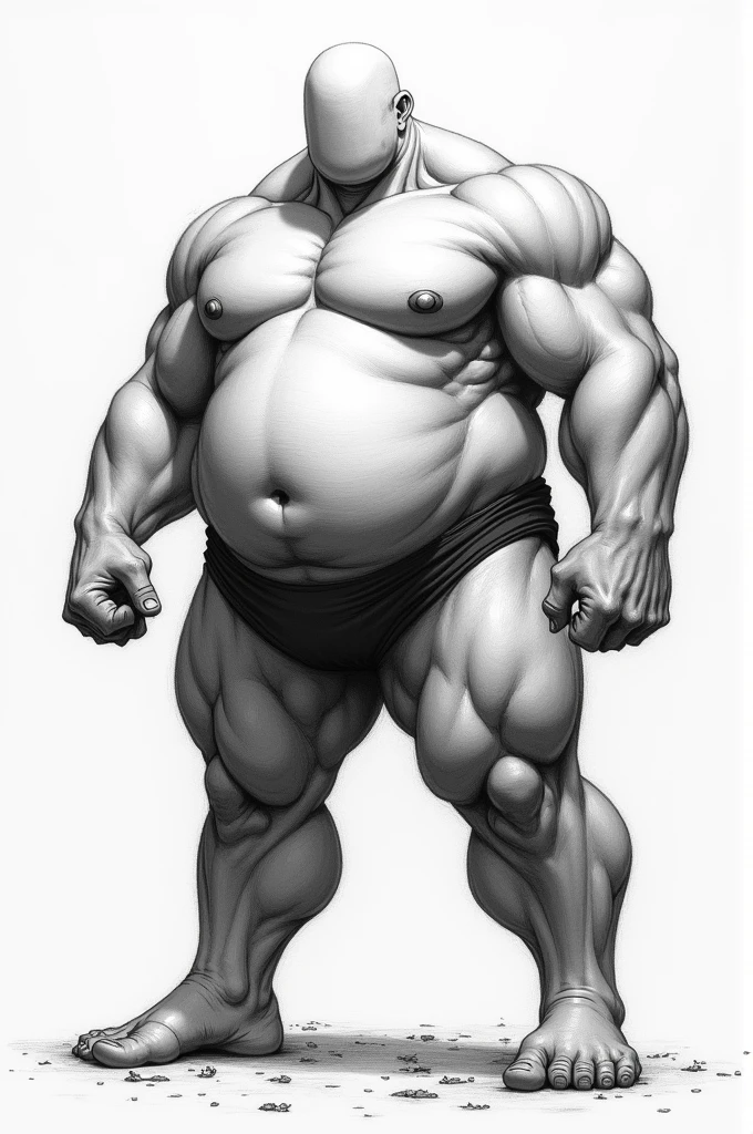 Generates a pencil-like drawing of a very muscular and chubby man without a face