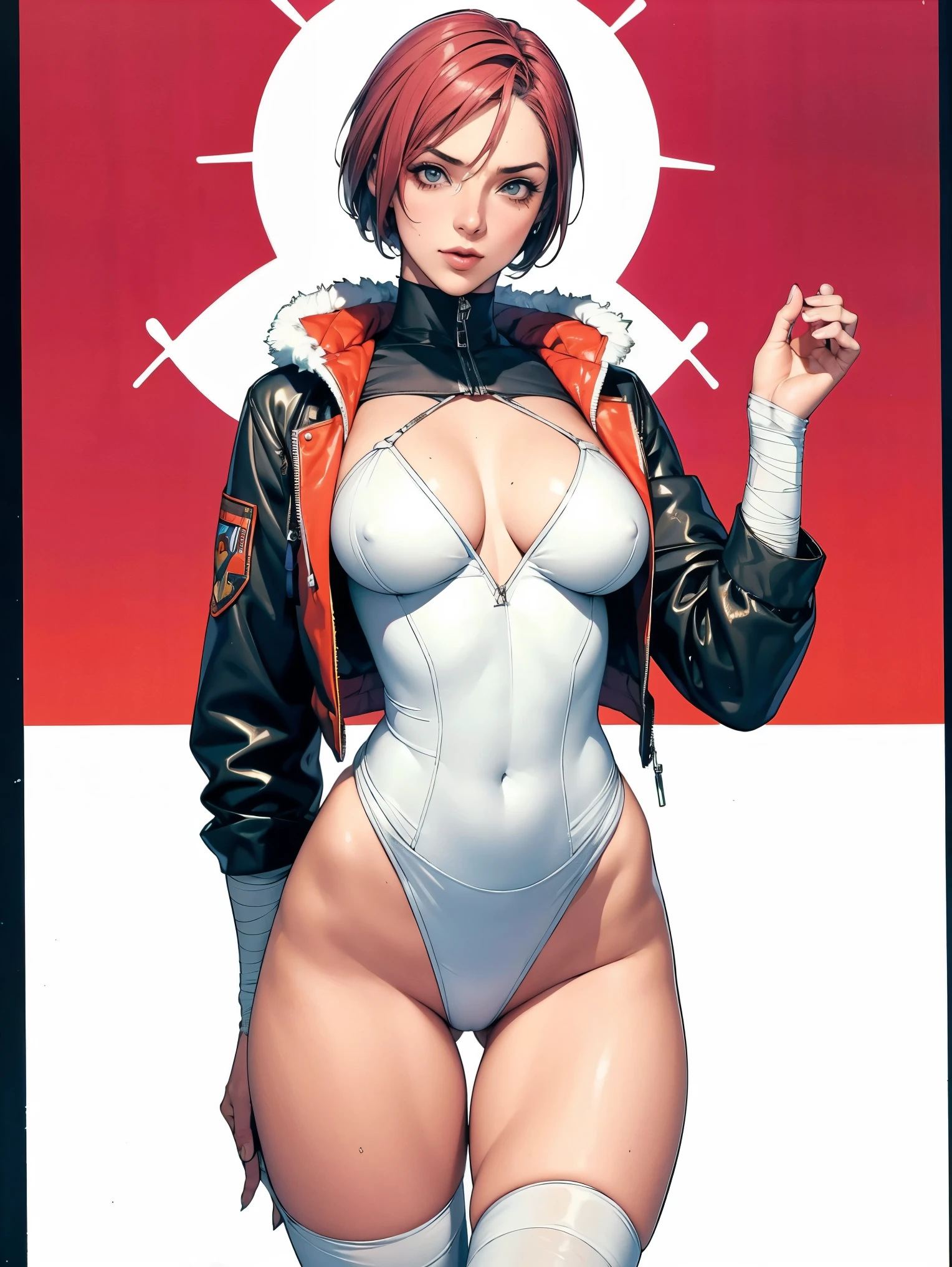(((Annie Lennox))), (((colorful suit))), (scars), (((bandaged arms))), (((colorful clothes))) (( hood)), (((best quality: 1.4))), (Unbeatable masterpiece), (hyper HD),(CG 8k hyper-realistic), beautiful face, (((breasts big))), (((hyper feminine))), sexly girl, ((round face)), black tattoo,(ultra short red hair with white highlights)), ((( sculptural body ))), (((1 Kizi))), Kizi tatuada de 25 anos com perfect body, perfect hands, perfect fingers ,Beautiful and well-groomed face, (round face), muscular body:1.2,solid color detailed jacket, (Head to thigh photos), Complex equipment, ,Tight clothes,With white stars and off-white stripes,,,,,Armor Metal Electronic Parts, Poison tattoos ) INFO, Kizi, (((standing alone))), , 24歳, sexy, pose de attitude, work of art, dancing, ((slight smile)), post-apocalypse, (((manga style))), bounty hunter, the way you want, perfect body, roupa moderna, advanced technology, white, yellow accent, black, red accent, fur collar jacket, sleeves with vertical striped pattern, background city, (( cowboy shot )). intricate visual, narrow waist, (((wide hips))), wide hips, fit thighs, (((thigh gap))), Thigh gap, background shows a futuristic airplane, open expression, expression happy