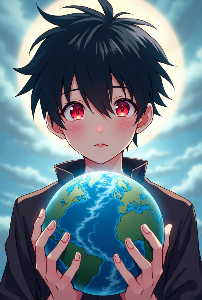 Anime boy over  male gender with red eyes holding the planet Earth