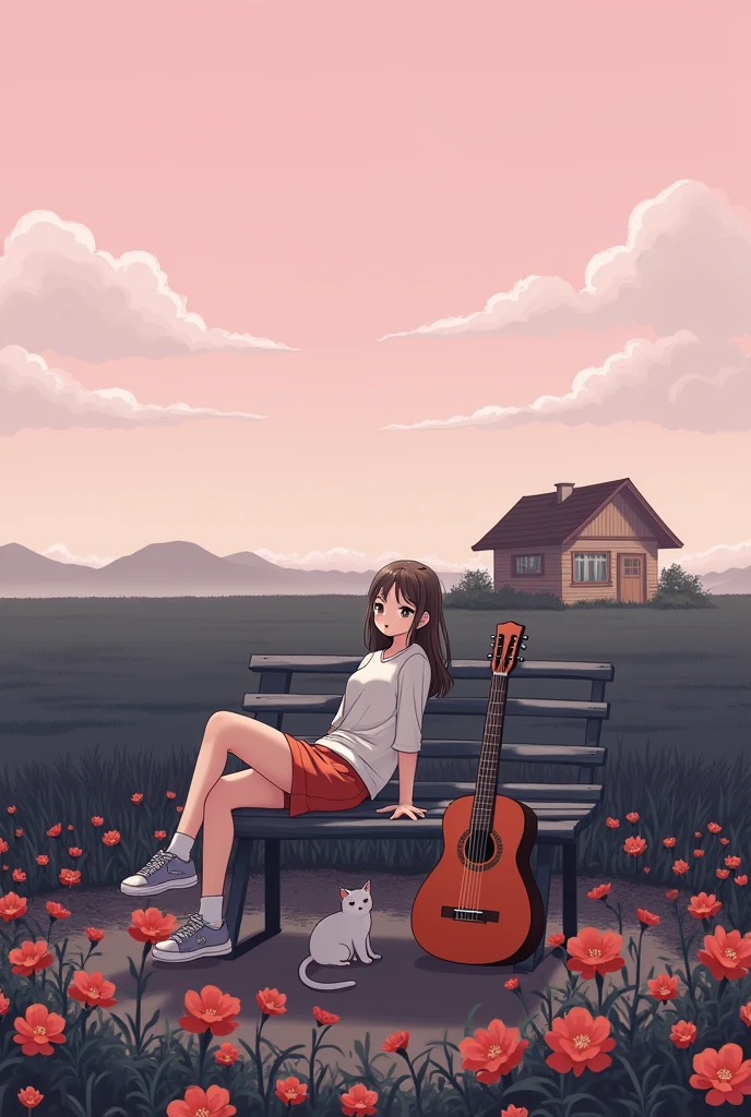 A anime character girl sitting on a bench roadside , some wood house , a guiter , a cat sat, one pink sky, red flower, the field is dark ,black