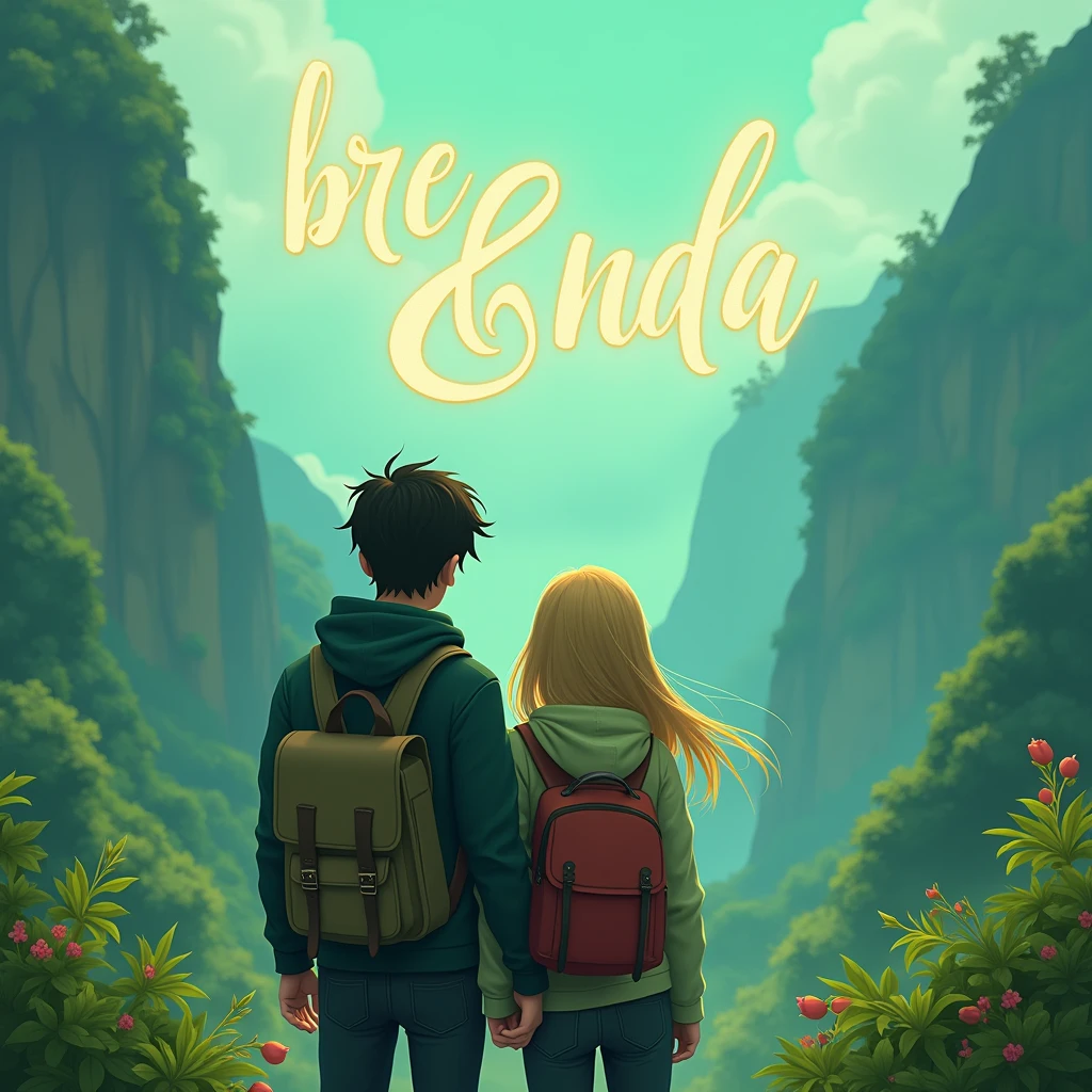 an artistic text written "BRE & NDA" above couple in outdoor, black hair male, blonde hair female, jacket and backpack, green mountainous theme, 3d cartoon, fantasy art, masterpiece, high definition, extreme detail, cinematic lighting, 4K