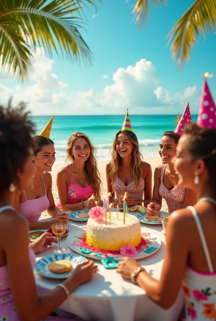 Girls watching me on a beach celebrating birthday with a coconut cake