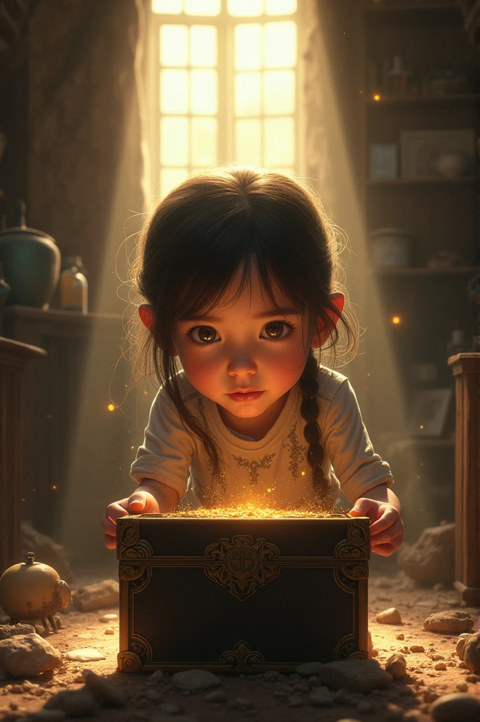 young girl discovering an ancient box in an old attic on a sunny day