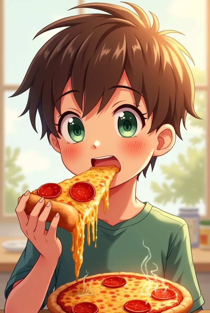 green eyed anime boy, Brown hair, eating pizza