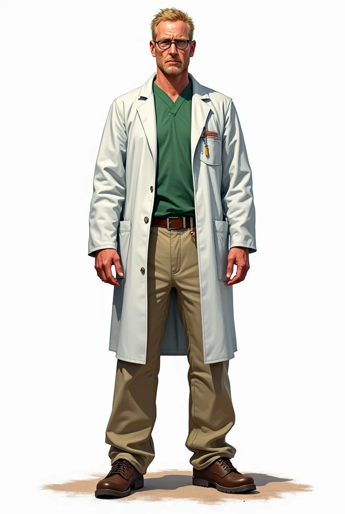 a drawing, bright coloured, one men, 3, Cao Cao, 1,90 tall, Seriously, very dark blonde american hair, Eyeglasses, army doctor clothes, big white coat, green shirt, Beige pants, shoes, apocalypse style, white background, fully body