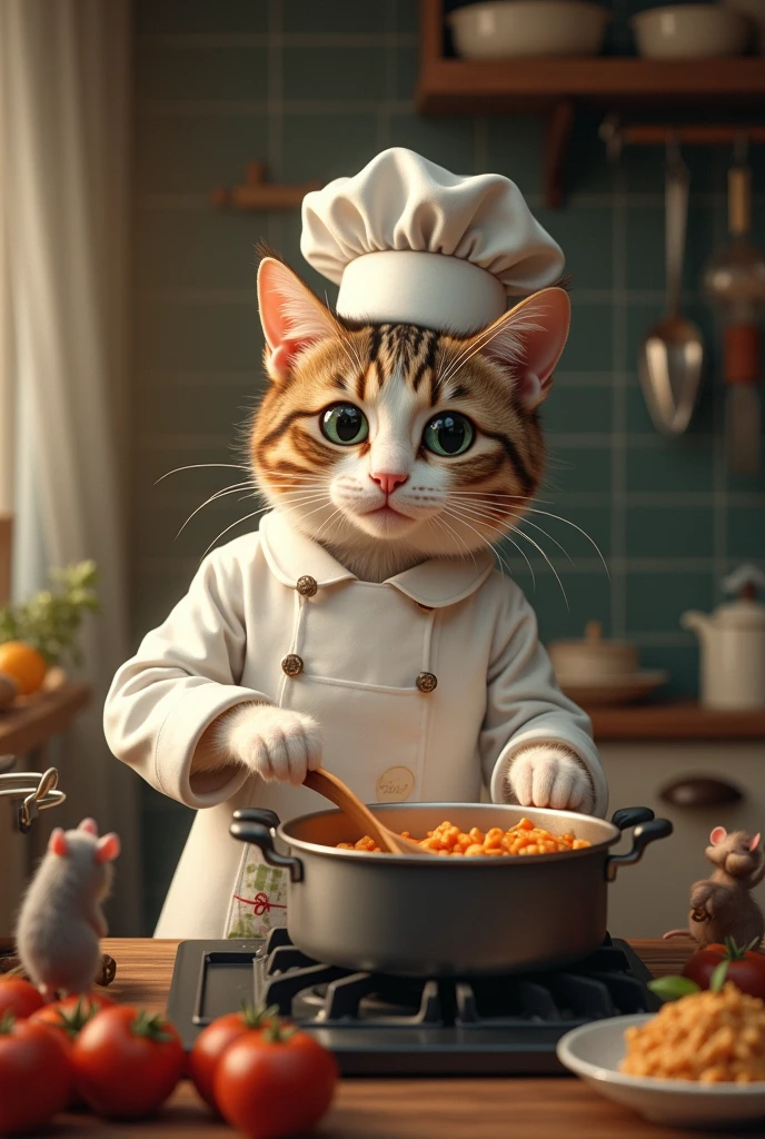 cat dressed as a chef and cooking