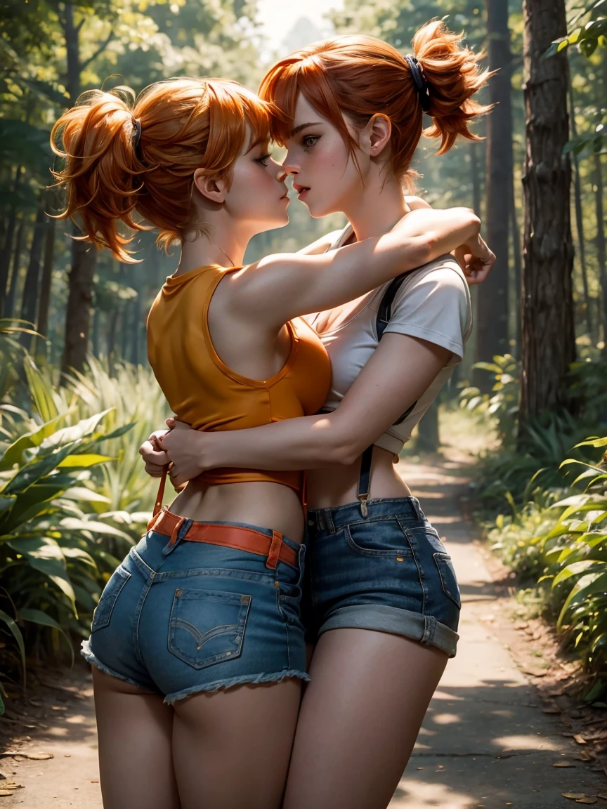  emma watson dressed as sexy misty from pokemon. short spiky orange hair, pigtail. crop yellow top. red suspender. tight denim shorts. tennis shoes. background forest. hugging and kissing.