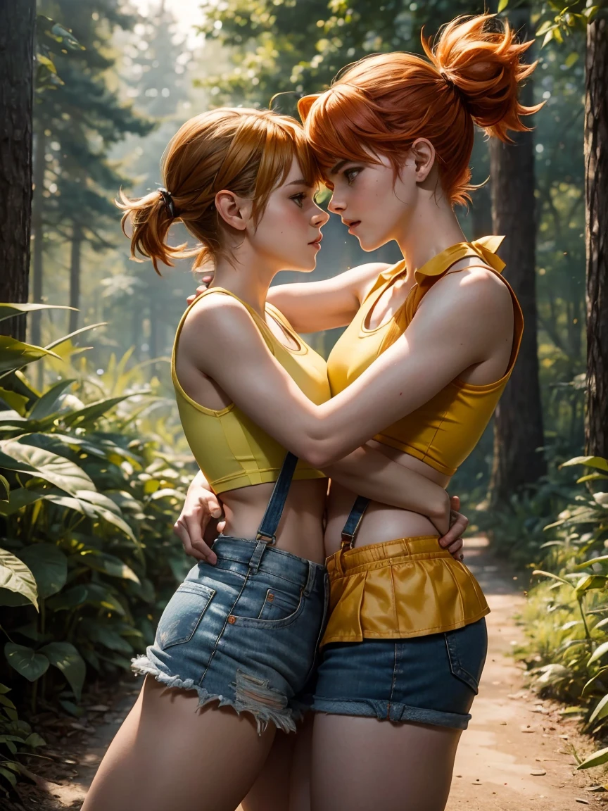 emma watson dressed as sexy misty from pokemon. short spiky orange hair, pigtail. crop yellow top. red suspender. tight denim shorts. tennis shoes. background forest. hugging and kissing.