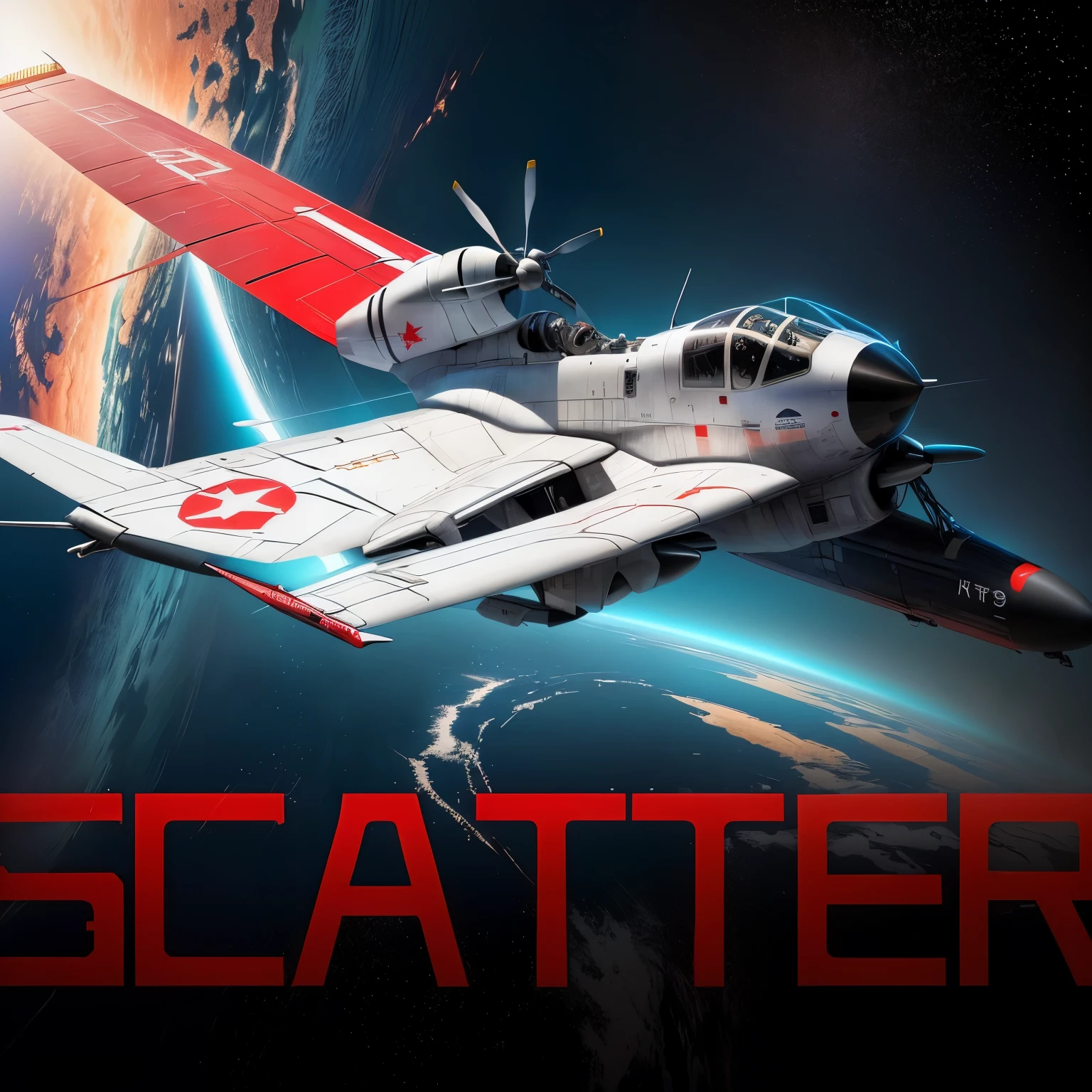 仰视一架小airplane的图画,It says "scatterr"。, Scattering, splash, 光Scattering, evacuation, 飞splash, Softair Center Landscape, sabattier filter, airplane, Scuteri, evacuation props, volumetry Scattering, surface Scattering, spacecraft, Logo without text, scarlet, Line Art, machete
