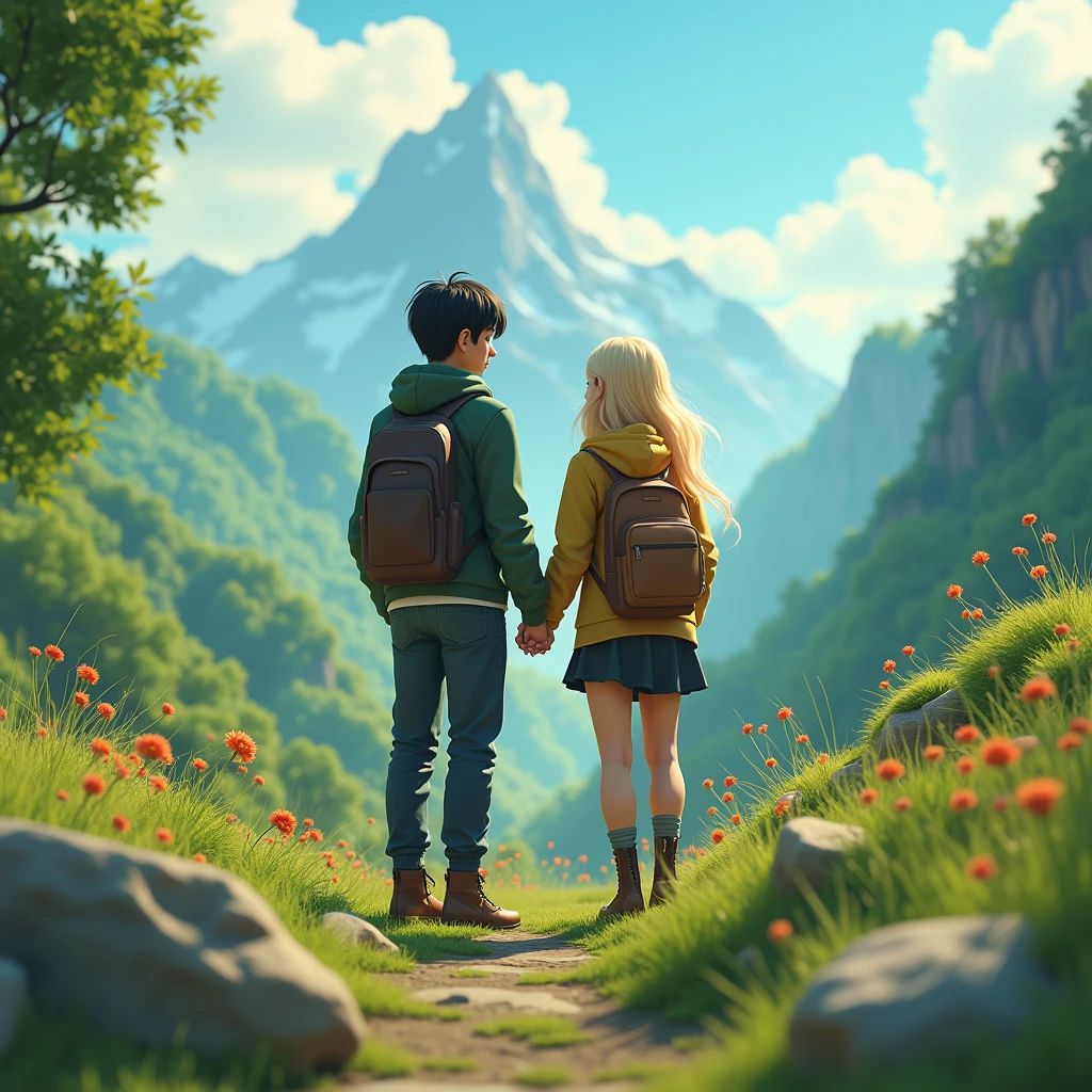 an artistic text written "BRE & NDA" above couple in outdoor, black hair male, blonde hair female, jacket and backpack, green mountainous theme, 3d cartoon, fantasy art, masterpiece, high definition, extreme detail, cinematic lighting, 4K