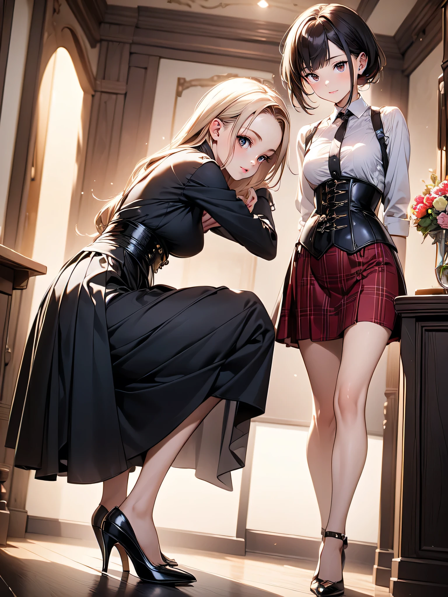 Dynamic shot, dynamic angle, ((2 girls)), standing above kneeling, dominating, shibary, bound, bondage, bound together, low lighting, bondage, schoolgirls, beautiful lingerie underware, slaves, scared, basement, cold light, high contrast, insecure, burning halo, highres, sharp focus, closeup, from below