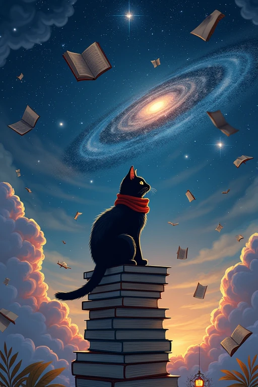 Black cat、Sitting atop a tower of books、Please draw an illustration of someone quietly gazing at the magnificent universe with the night sky as the background.。The cat has a soft red scarf around its neck、The ears are slightly raised, showing curiosity.。Around the cat、Old book pages floating slowly on the wind, open books floating、Wrapped in soft golden light。In the background、深い青と紫を基調としたstar空が広がり、star々The galaxy shines brightly、Feel the depth of the universe。Patterns like clock hands and gears appear in the sky.、Creates a fantastic atmosphere where time and space seem to intersect。The overall soft light illuminates the sky.、A ring of light symbolizing the mystery of the universe and the flow of time can be seen in the distance.。