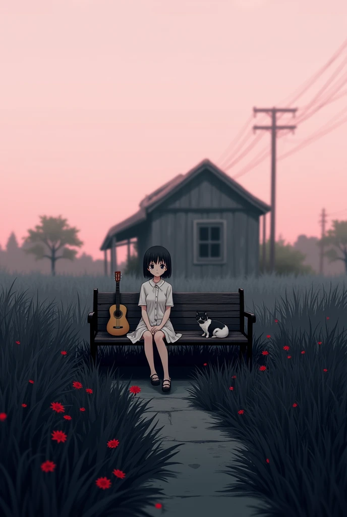 A anime character girl  sitting on a bench roadside , some wood house , a guiter , a cat sat, one pink sky, red flower, the field is dark ,black, the girl also colourless