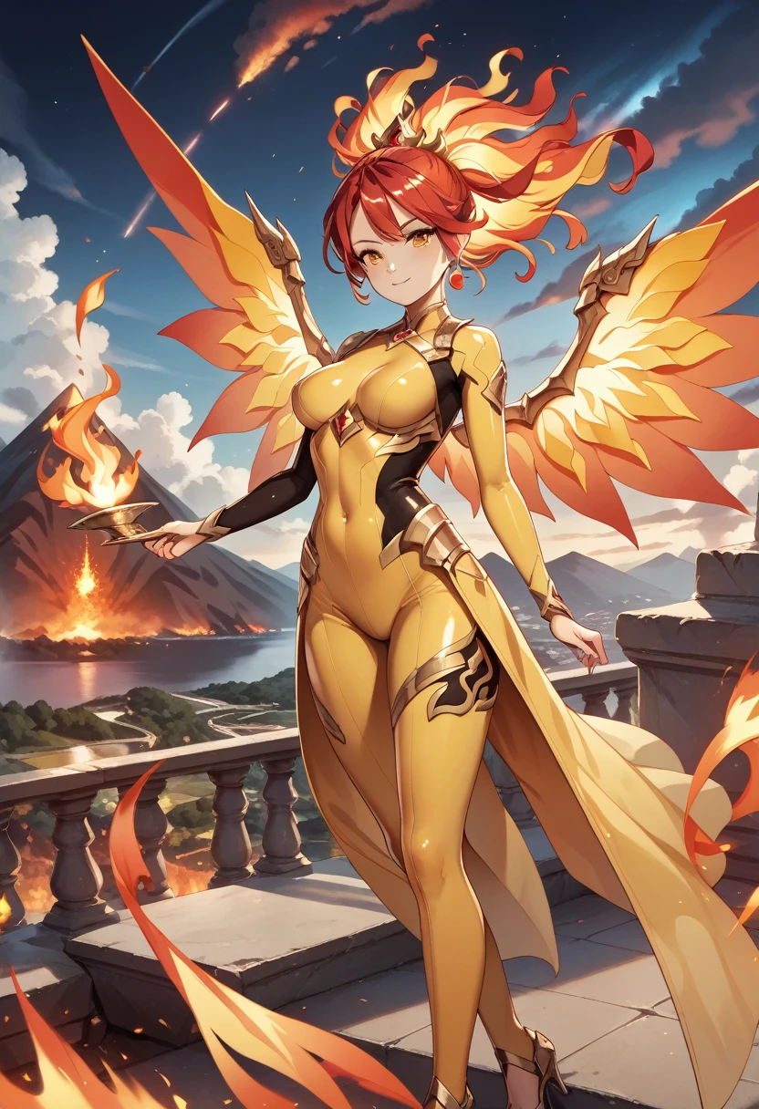 uhd, masterpiece, textured skin, super detail, high details, 8k, (\One woman, Fiery hair:1.1, Flame hair color:1.2, Beautiful gradation from red to yellow, cuticle, Red and yellow bodysuit, \(Flaming wings on your back, Wings of Fire, Beautiful and delicate gradation\), The whole body is engulfed in flames:1.3, Volcano background/), Beautiful digital artwork