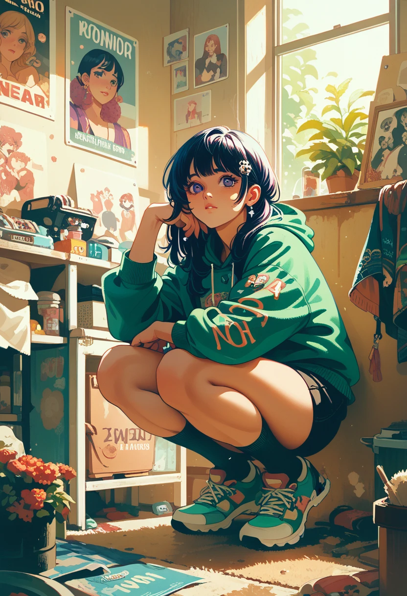 Year 2000, Alternate Fashion, 1 girl, Bro, illustration, Poster, Idol, Squat, fisheye lens