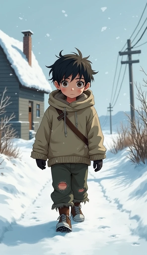 A young boy, around , walks alone on a snowy path toward a small village school. He has dark brown, messy hair, and wears a thin, oversized, worn-out sweater with frayed pants. His shoes have visible holes, and his jacket is too thin for the harsh winter. His cheeks are flushed from the cold, and his breath is visible in the frosty air. The snow-covered village and distant school are in the background, with the boy looking determined yet vulnerable.