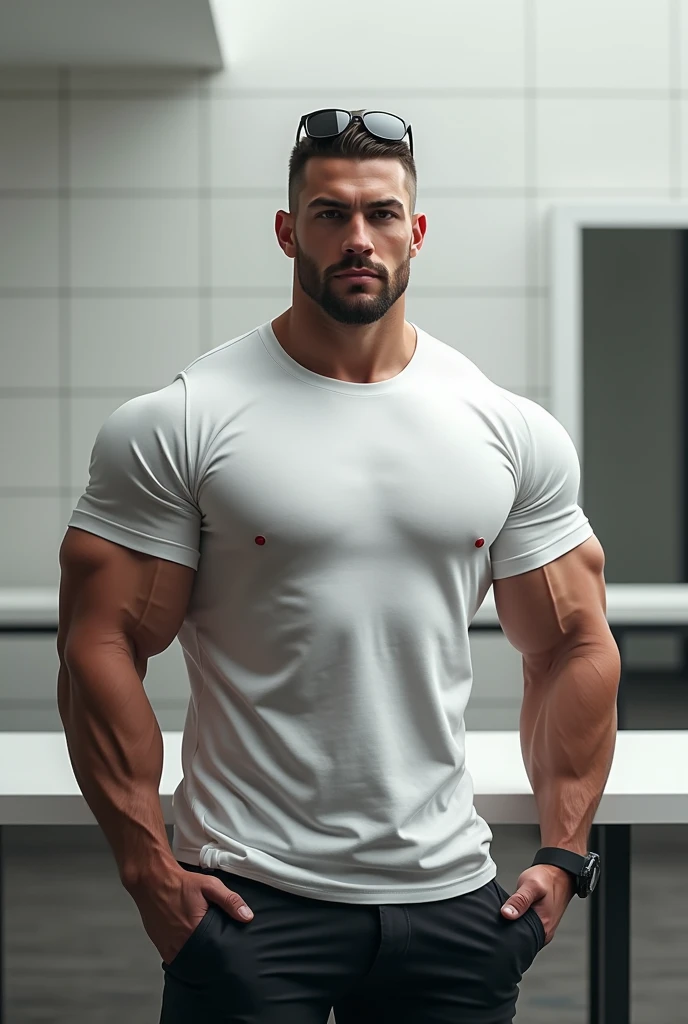 One body builder with dest nd tables with sunglasses wear white t shirt