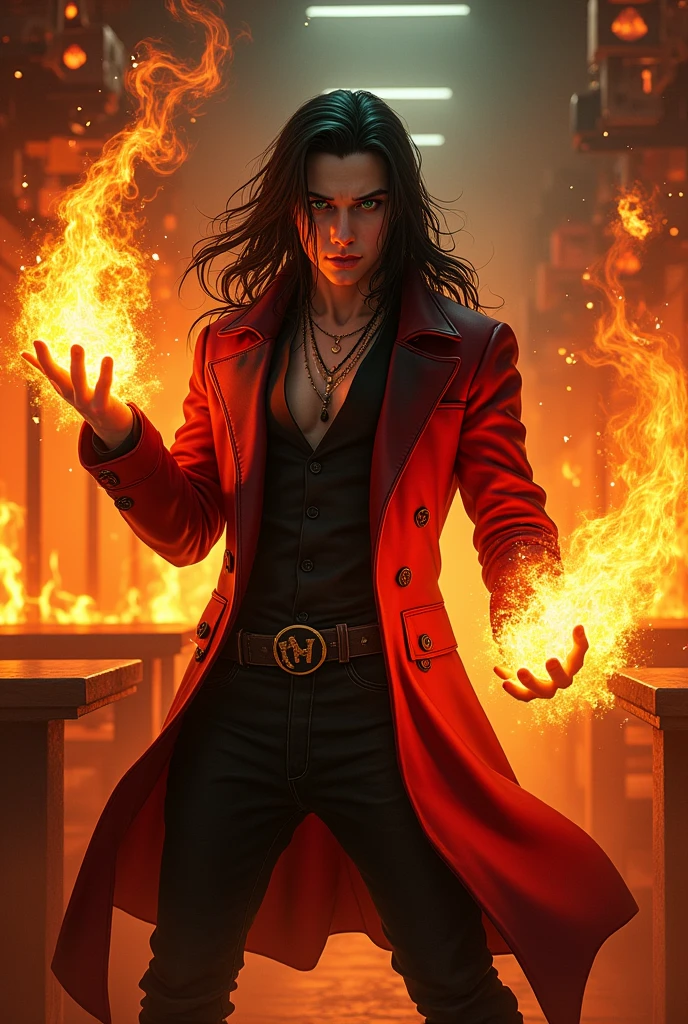 image ultra realistic; young man between 2, strong physical build, hair long black, very white skin, greeneyes, hole in the chin, “Chad” face, Red and black coat, and using liquid lava powers, the back of a place with a bar and tables on fire